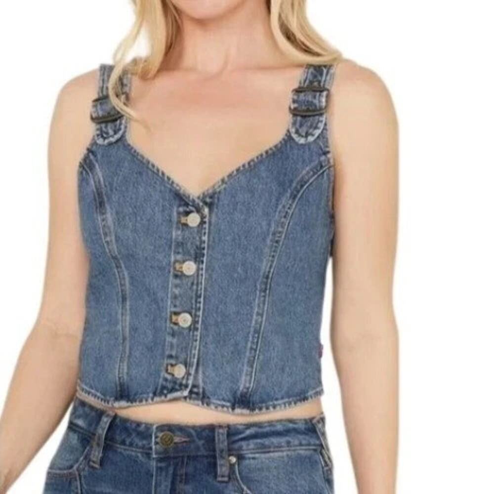 Levi's Denim Crop Top Corset Vest Y2K Jean Charlie Tank Button Up Size Small